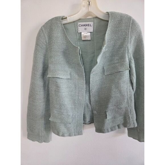 Chanel Light Green Virgin Wool/Silk Made in France Tweed Blazer Jacket size EU40 - Picture 8 of 9